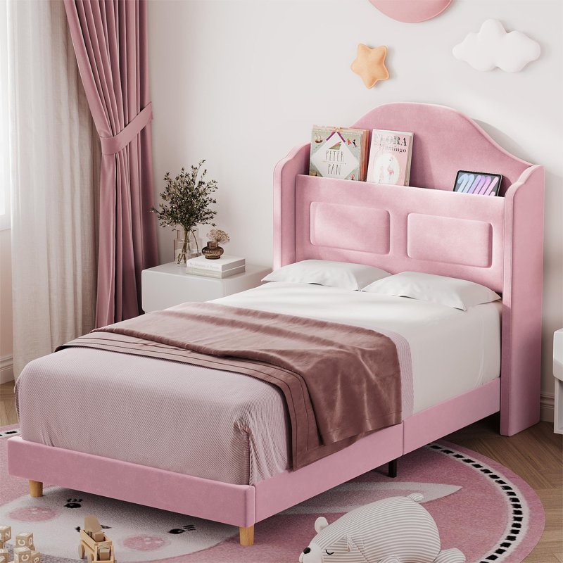 Cadre de lit simple avec lumières, lit plateforme élégant en velours, Rose