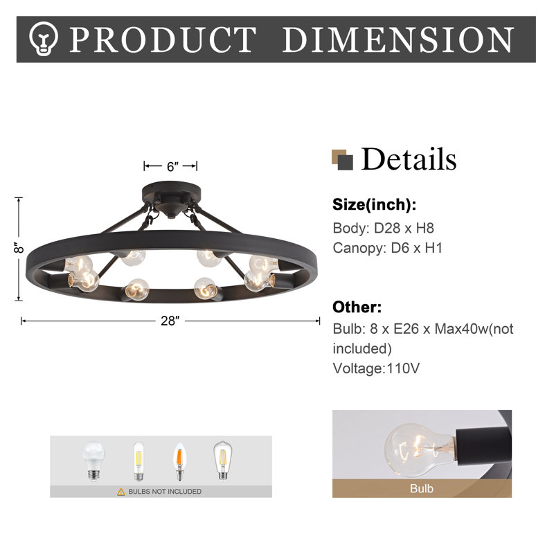 Abigail 28" Wagon Wheel Black 8-light Metal Round Rustic Semi-Flush Mount