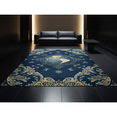 Machine Washable Botkins Classic Floral Rug in Blue – Navy Binding