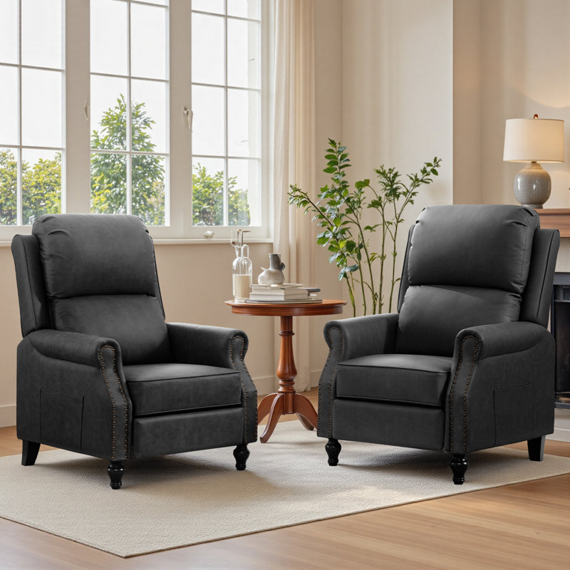 30.7" W Mid-Century Modern Faux Leather Recliner with Footrest Set of 2, Dark Gray