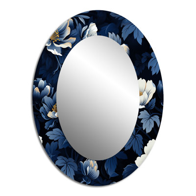 Nightfall Dark Blue And White Floral Pattern - Large Oval Wall Mirror On Metal