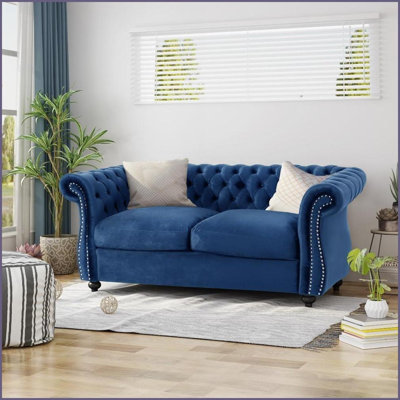 Chesterfield 2-Person Loveseat Sofa with Deep Tufting &amp; Nailhead for Living Room | Velvet | Rolled Arms | Green