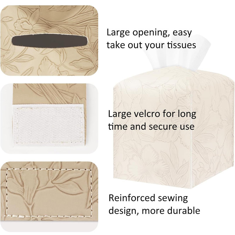 PU Leather Tissue Organizer with Bottom Belt and High Performance Hook and Loop Fastener, Beige