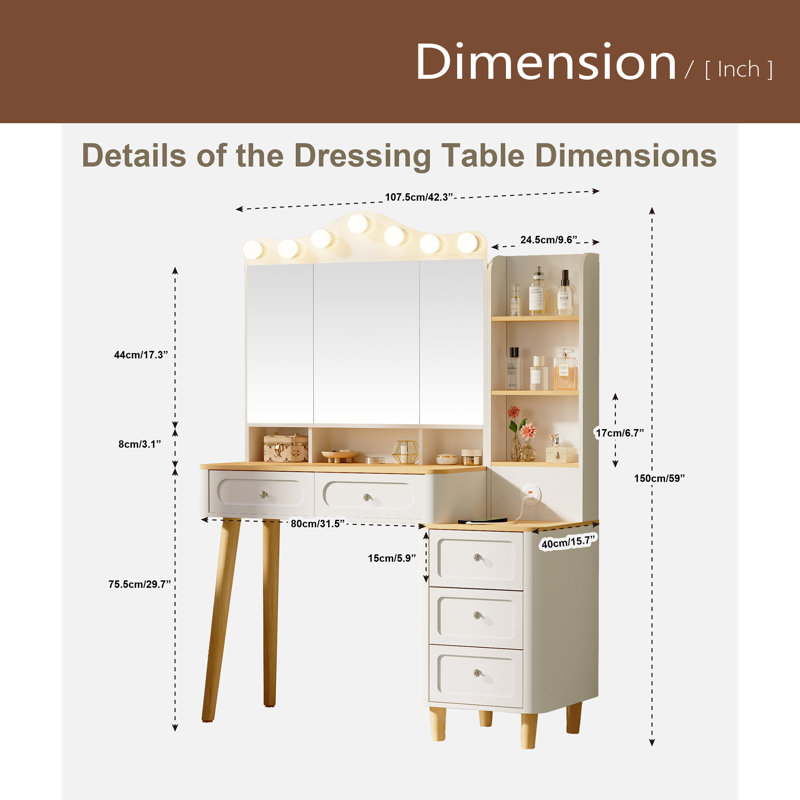 Vanity Desk With Mirror And Lights,Makeup Vanity With 2 USB Power Strip,Vanity Set With Two Drawers And Three-Drawer Chest, 3 Lighting Modes Adjustable Brightness, Foldable Three-Sided Mirror