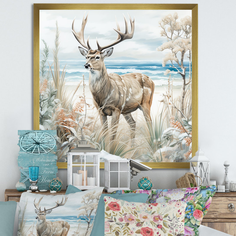 Deer Charm In Winter - Deer, reproduction d'art sur toile, Encadrement doré, H 16 po x l 16 po x P 1 po
