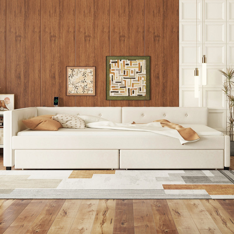 Lit plateforme tapissier avec 2 tiroirs et ports de chargement USB, base de lit avec rangement, beige, Double