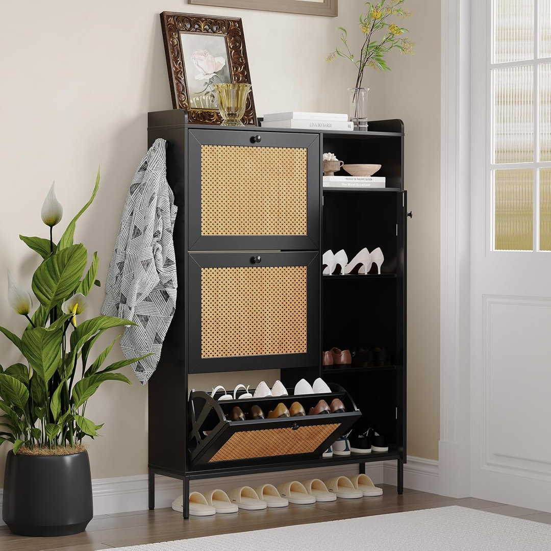 Shoe Storage Cabinet – 3 Rattan Flip Drawers & Open Shelves, Freestanding Shoe Organizer for Entryway, Hallway