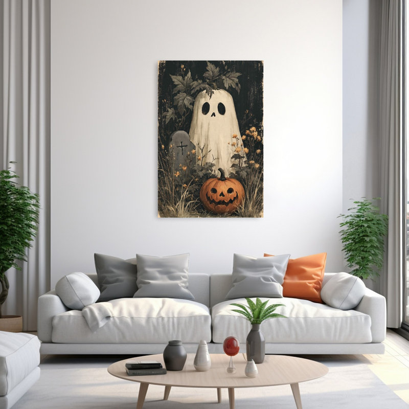 Halloween, fantôme, citrouille, rustique, automne rétro, impression murale, H 60 po x l 40 po