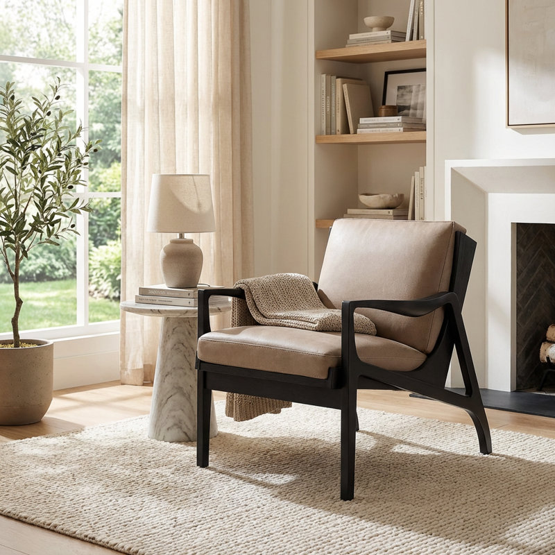 Mid-Century Modern Leather Accent Chair With Solid Wood Frame, Lounge Armchair, Gray Genuine Leather, Black