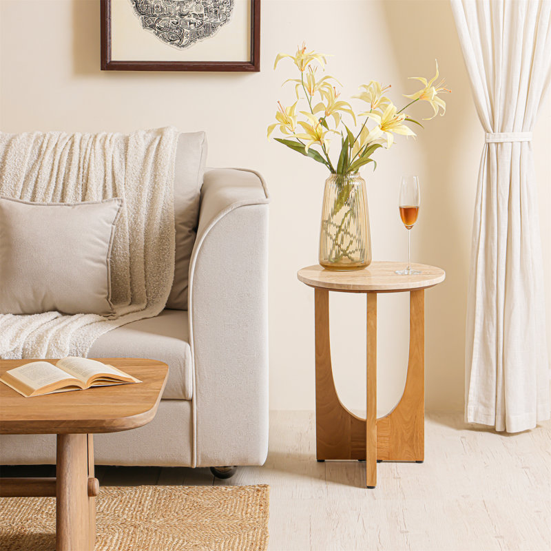 Table d'appoint en bois massif Aurelia, Travertine Marble