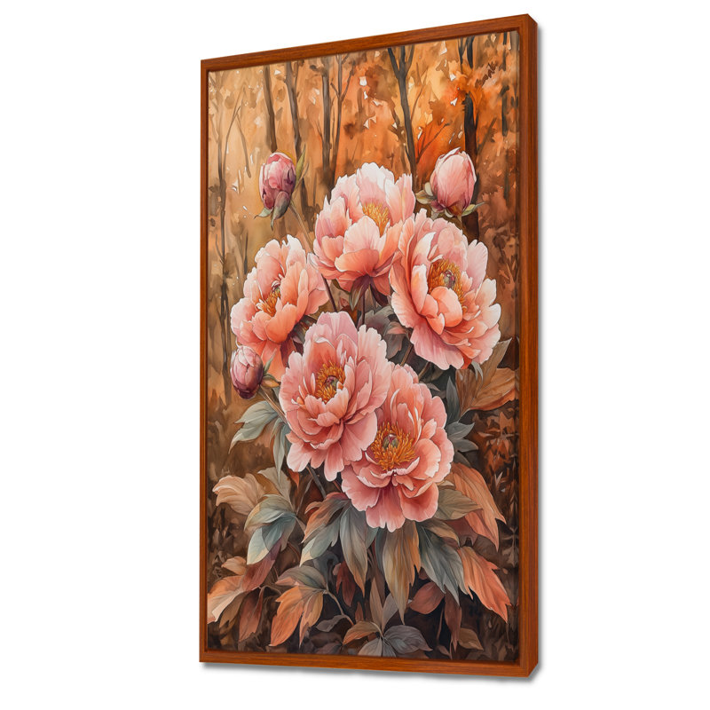 Pe pivoines et forêt d'automne I - pivoines, art mural sur toile, H 60 po x l 28 po, Brun, Reproduction avec cadre flottant