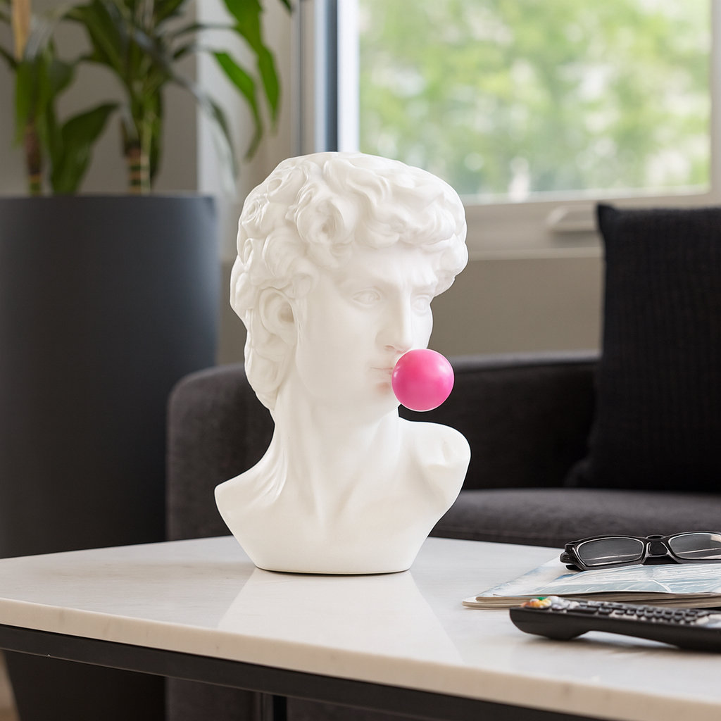 White Polyresin 13" Greek God Head Sculpture with Bubble Gum Accent - 8" x 9" x 13" Trinx