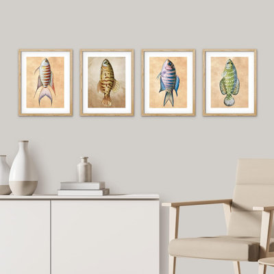 Ensemble de 4 reproductions murales colorées et vibrantes de poissons nautiques rayés, collage encadré sur papier, impression de 4 pièces