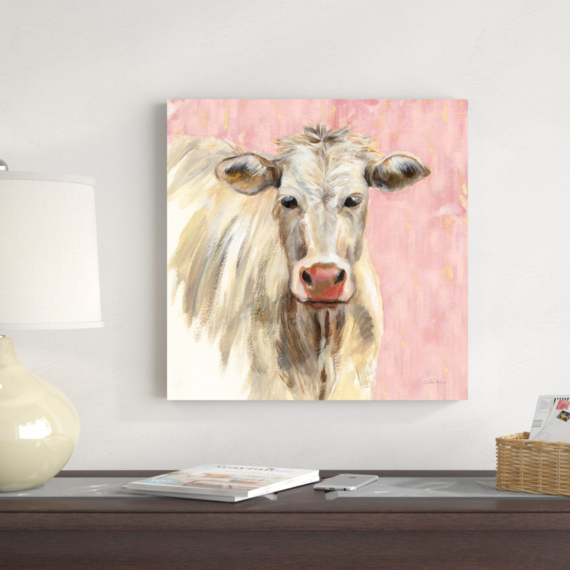 Vache blanche sur fond rose, H 20 po x l 20 po x P 1,25 po