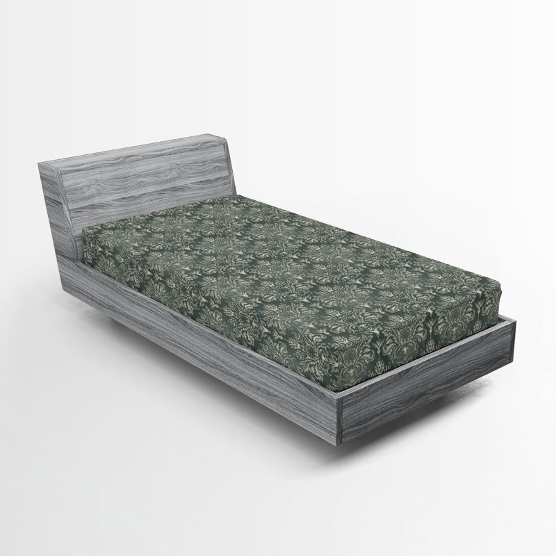 Ambesonne Nature Fitted Sheet Leaves Botanical Style Art, Twin Fitted Sheet, Gray/Teal/Pale Sage/Green Damask