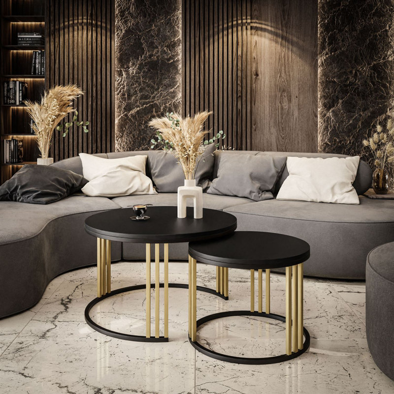 Downey 2 Piece Coffee Table, Black/Gold, Black Matt