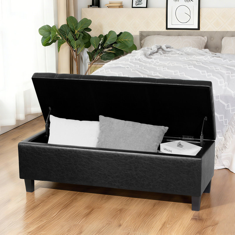 45" Tufted Faux Leather Storage Bench Ottoman For Living Room, Black