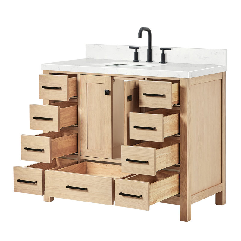 Cambridge 42'' Solid Wood Single Bathroom Vanity in Oak, with 1.5'' Carrara White Quartz Top, Center, Rectangle Sink