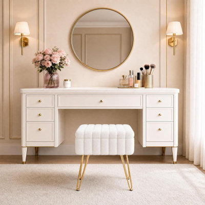Vanity Stool with Hidden Storage, Faux Fur Ottoman with Metal Legs & Anti-Slip Feet, Soft Padded Seat Foot Rest