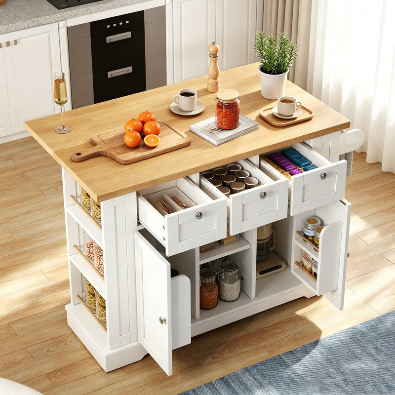 132 cm W Kitchen Island with, White