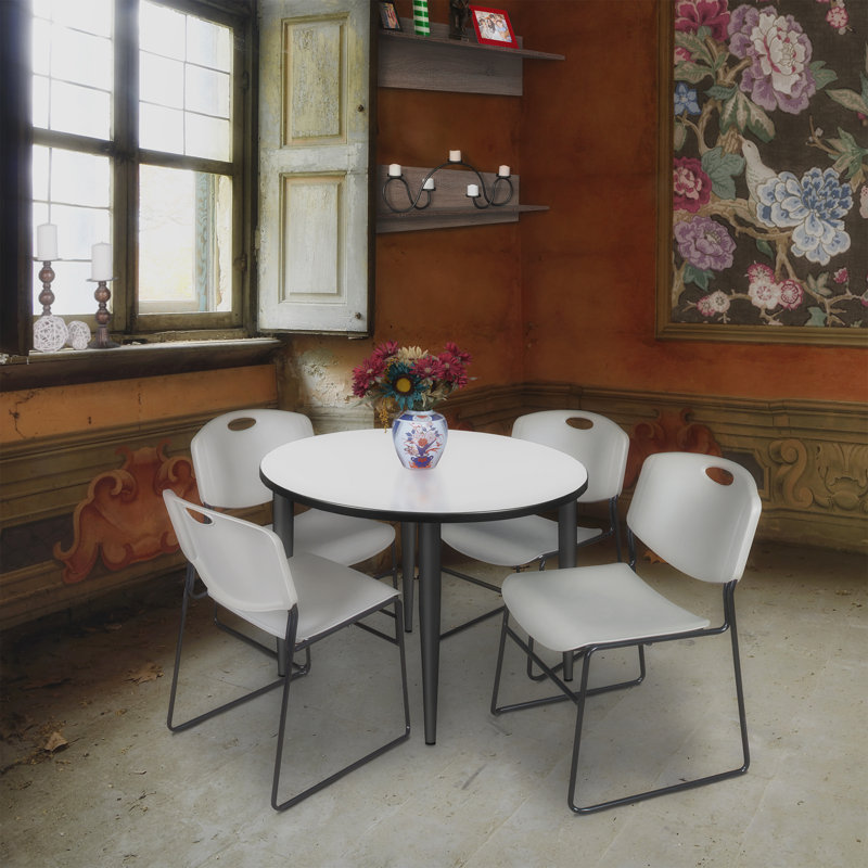 Kahlo 42" L Round Breakroom Table and Chair Set, White/Black/Grey