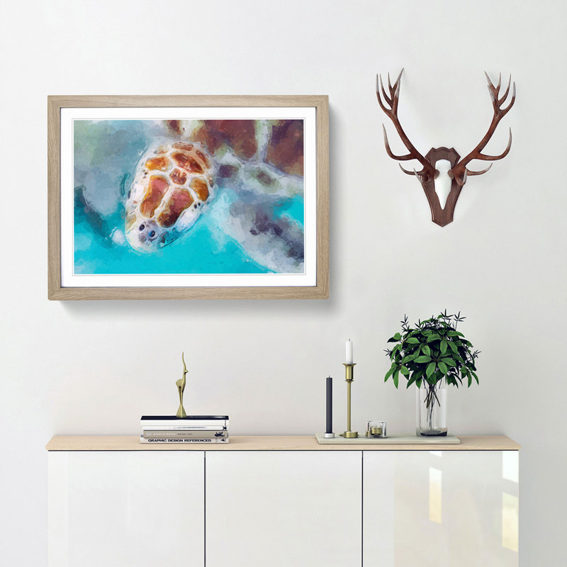 Green Sea Turtle in Abstract - Picture Frame Graphic Art Print, 27cm H x 36cm W x 2cm D, Oak Framed