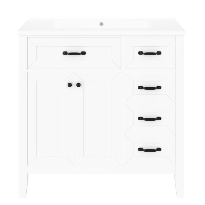 Armoire de salle de bain blanche 36 po - autoportante avec lavabo en céramique, tiroirs, lavabo, Noir, Blanc