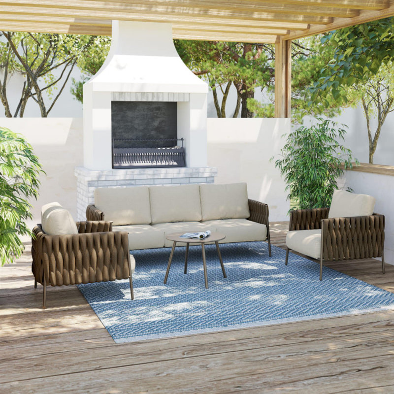 Ensemble de mobilier de patio pour 5 personnes avec table basse et coussin épais, Brun châtaigne, Crème abricot