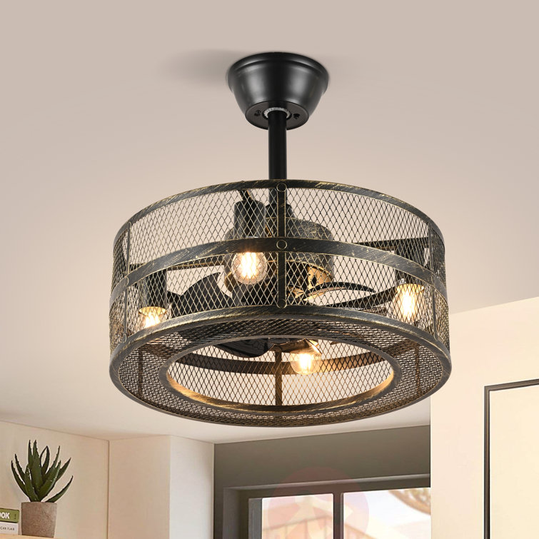 17.7'' Flush Mount Metal cage Ceiling Fans with Lights and Remote Control Modern Enclosed Bladeless Low Profile 4 light Ceiling Fan with 6 Speed for Bedroom Kitchen (Black)