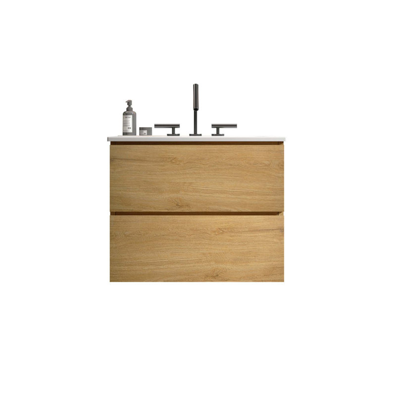 Meuble-lavabo mural 24 po avec lavabo en céramique avec trois trous de robinet, grand meuble-lavabo flottant pour salle de bain moderne, lavabo une pièce sans drain, pré-assemblé