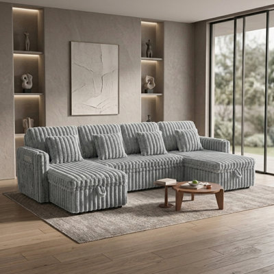 107" Oversized Corduroy U-Shaped Sectional Sleeper Sofa with Pull-Out Bed and Double Storage Chaises, Light Gray