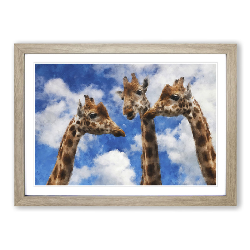 Three Giraffes 1 Piece Single Picture Frame Painting on MDF, 24cm H x 33cm W x 2cm D, Oak