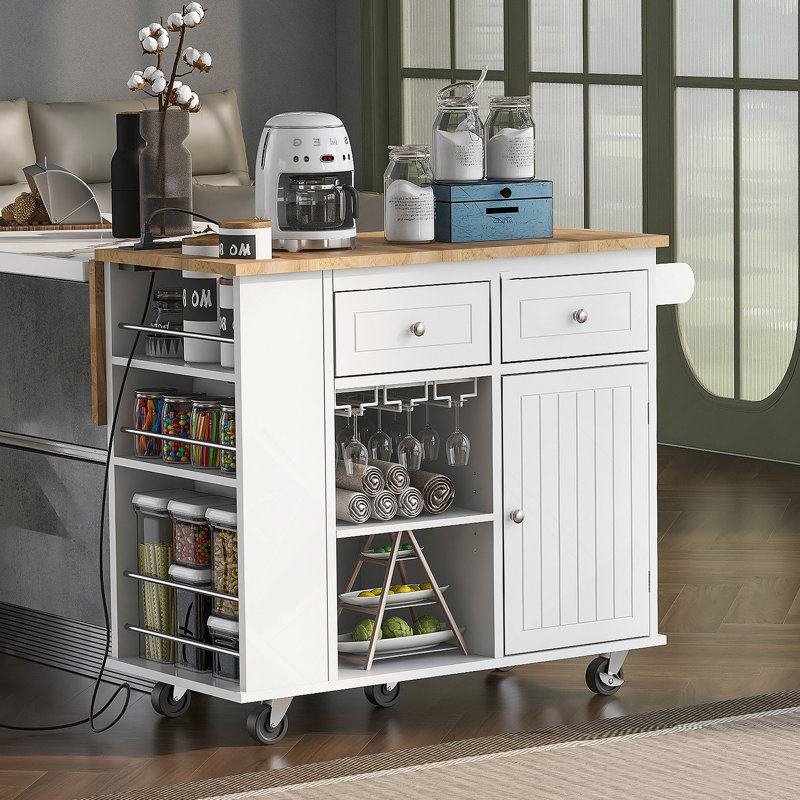 Kitchen Island With Power Outlet,Kitchen Storage Island With Drop Leaf And Rubber Wood, Black