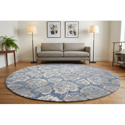 Tapis moderne en laine bleu denim à motif floral, tufté à la main, motif floral