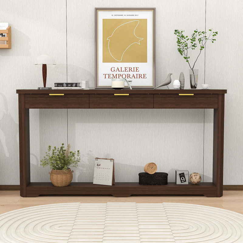 Console de rangement étroite à motif ondulé avec trois tiroirs, Noyer