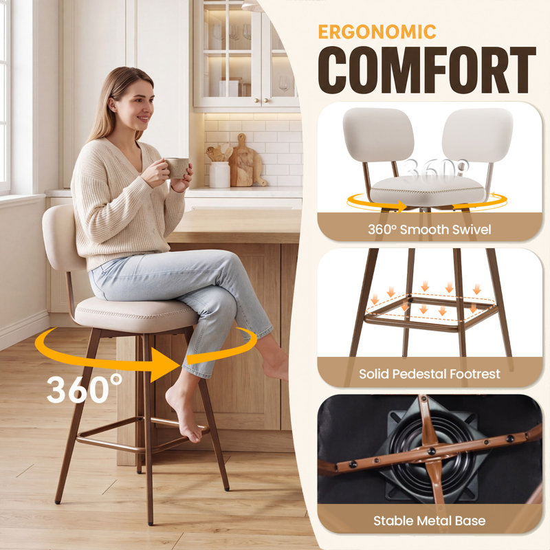 Upholstered Counter Stool with Metal Frame, Beige