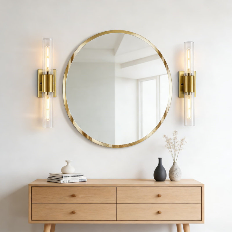 Luminaire de meuble-lavabo moderne 2 lumières, applique murale dorée avec abat-jour en verre transparent pour éclairage de miroir dans la salle de bain, la chambre à coucher, le salon, le couloir, la douille E26, ampoules non incluses