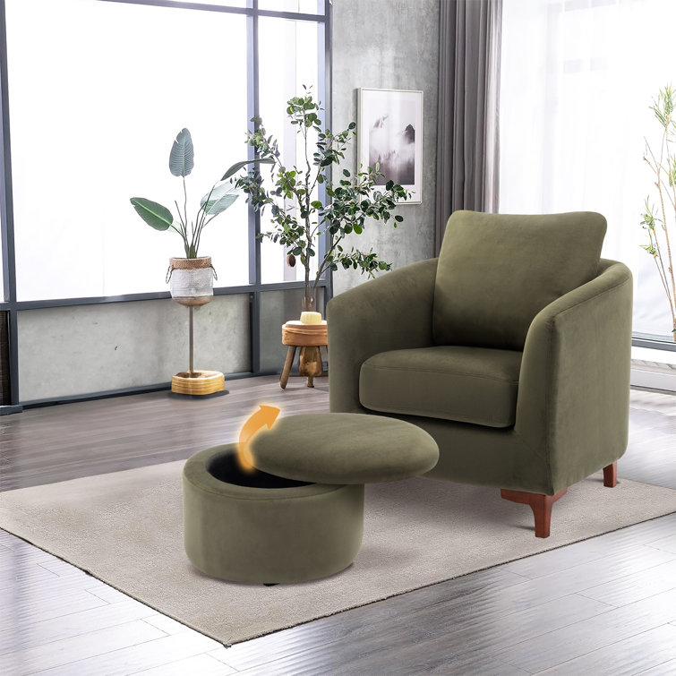 Amold Upholstered Barrel Accent Armchair With Storage Ottoman and Pillow