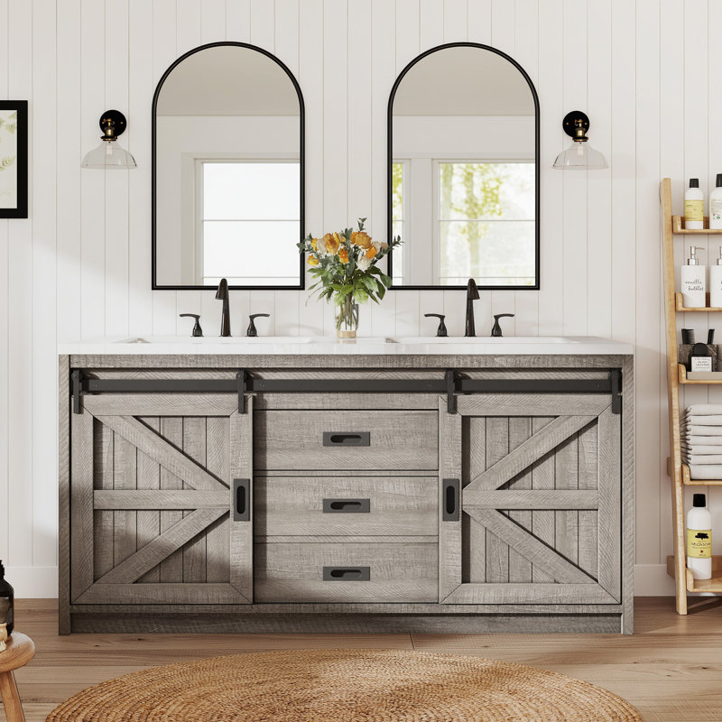 Chimira 2-Drawer 2-Door Manufactured Wood Double Sink Bathroom Vanity, Gray, 33.7" H x 60" W x 21.7" D
