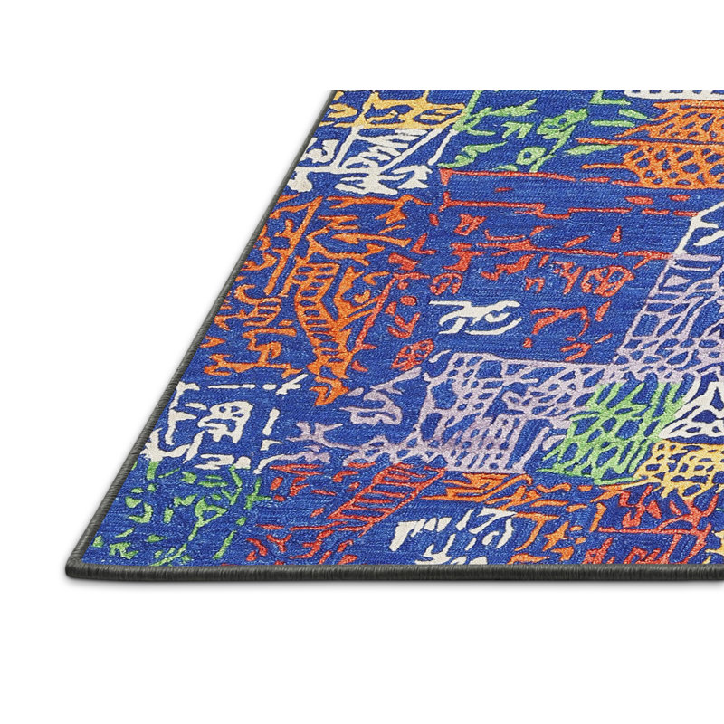 Tapis bleu/orange/vert zone contemporaine, Rectangle 5 pi x 7 pi