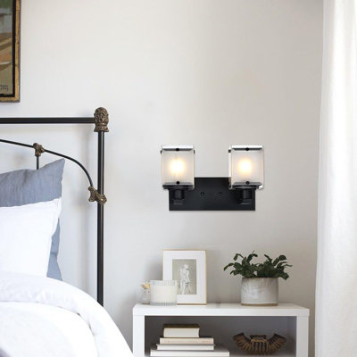 Black Wall Sconce Lighting Fixture With Frosted Glass Shade, 2-Light Vanity Lamp For Bathroom, Bedroom, Living Room, Study, Wall Mounted Over Mirror With Matte Black Metal Base