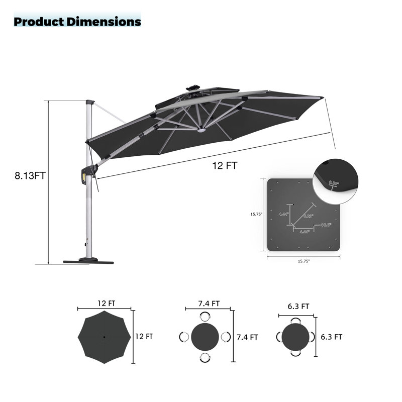 Belmiro 12 Ft Double Top Deluxe Round Solar Powered LED Patio Umbrella with Steel Plate Base, Gray