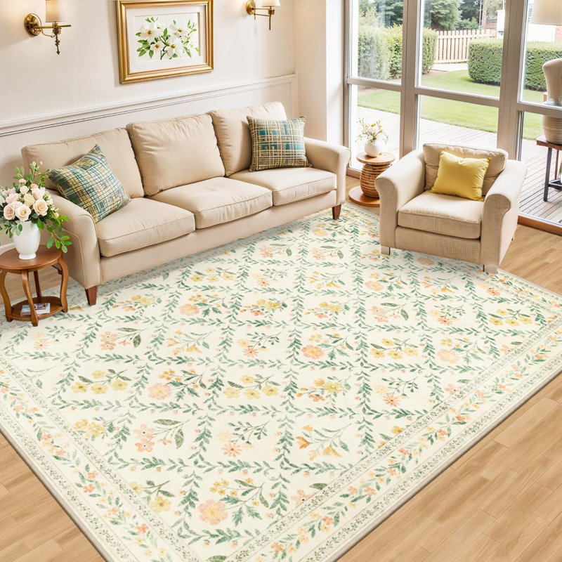 8x10 Washable Vintage Floral Area Rug with Non-Slip Backing in Beige/Multi