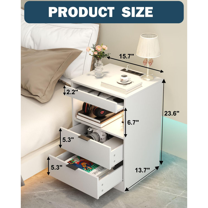 Nightstand With Charging Station, Bedside Table With 3 Drawers And LED Lights, End Table Sofa Couch Side Table With Pull-Out Shelf
