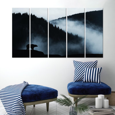 Printed Canvas: Minimalist Cabin Decor - Foggy Forest Bear Art,5P Wrapped Canvas