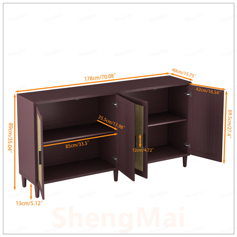 Buffet en rotin avec rangement, buffet à 4 portes avec tablettes réglables pour la cuisine, le salon et la salle à manger, assemblage facile