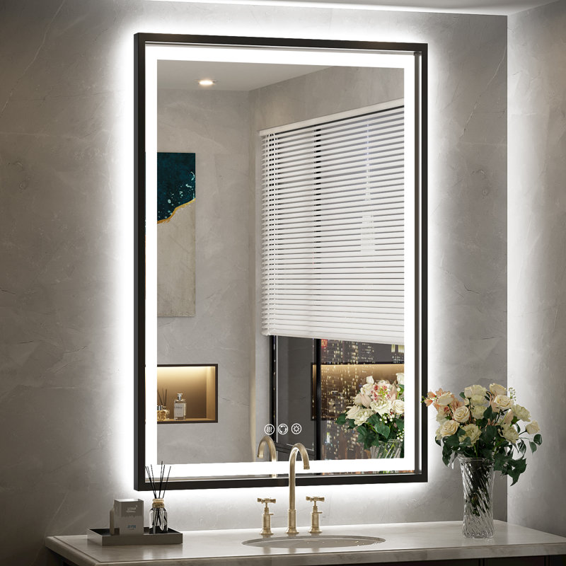 Miroir de salle de bain à DEL avec lumières, miroir de salle de bain éclairé à l'avant et à l'arrière avec anti-buée, miroirs muraux éclairés, température de 3 couleurs, à intensité variable
