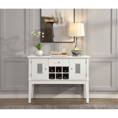 Desserte blanche de style contemporain simple, faux cristaux de cristal, pieds Kd, glissière de tiroir latérale en métal 1/2 extension, doublée de feutre, verre trempé de 7 mm, bande magnétique de porte, finition ultrabrillante, facile à