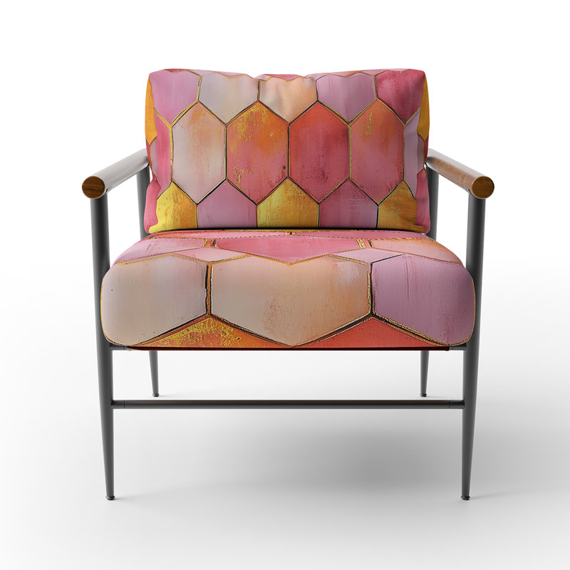 Chaise d'appoint abstraite à motif géométrique nid d'abeille dans des tons de coucher de soleil, Brown Round Arms