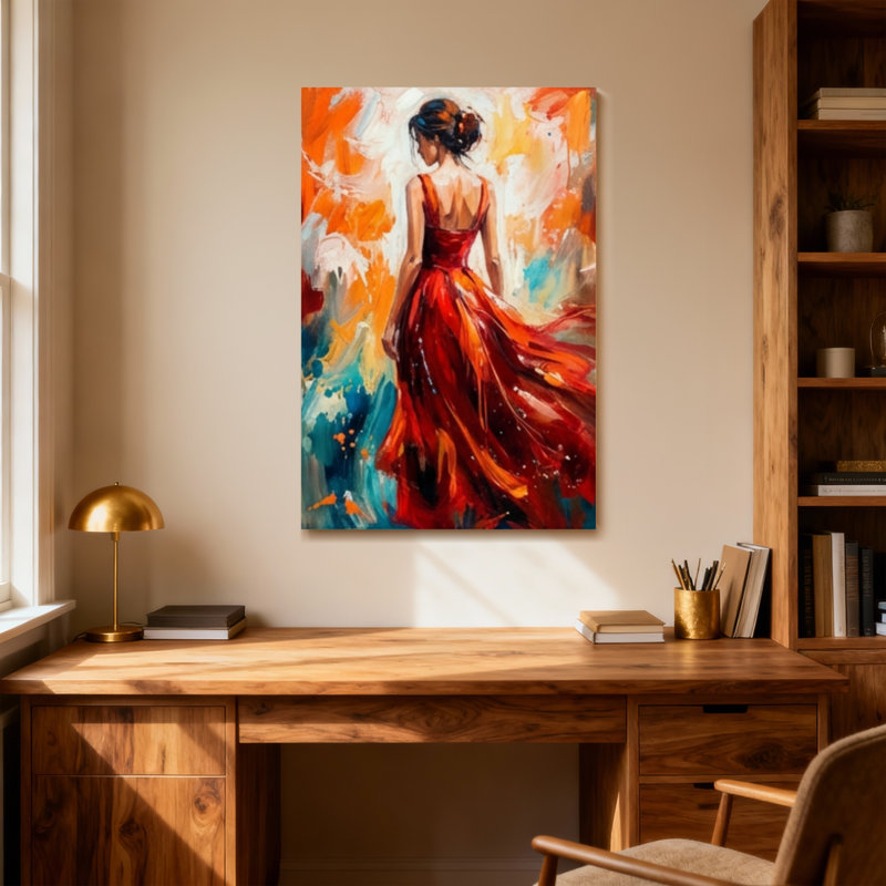 Femme abstraite en robe rouge abstrait, H 30 po x l 20 po